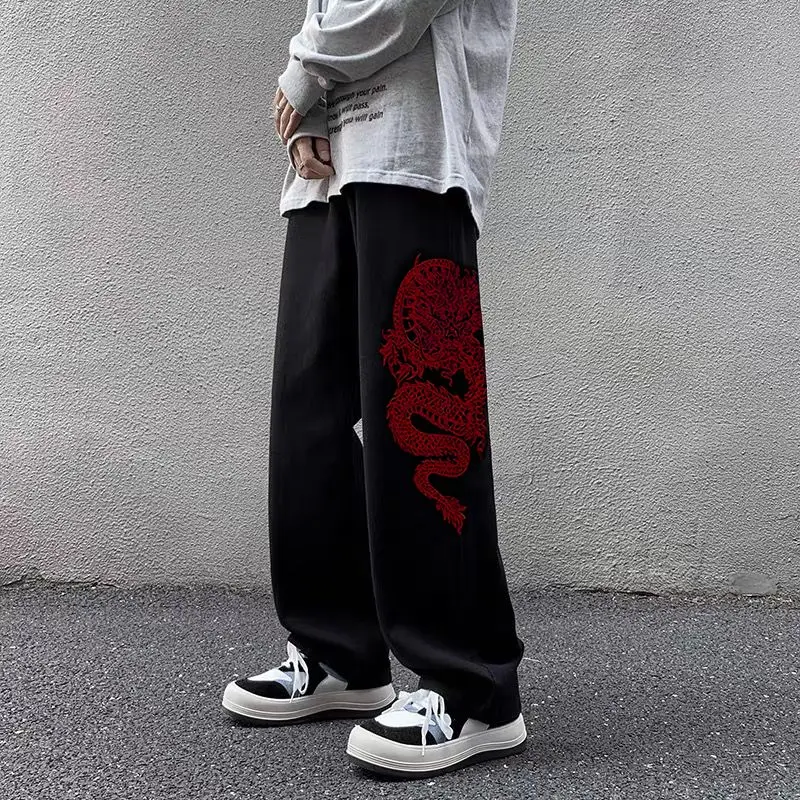 New embroidered jeans ins high street trend versatile loose flesh-covering straight wide-leg casual trousers for men and women view 2