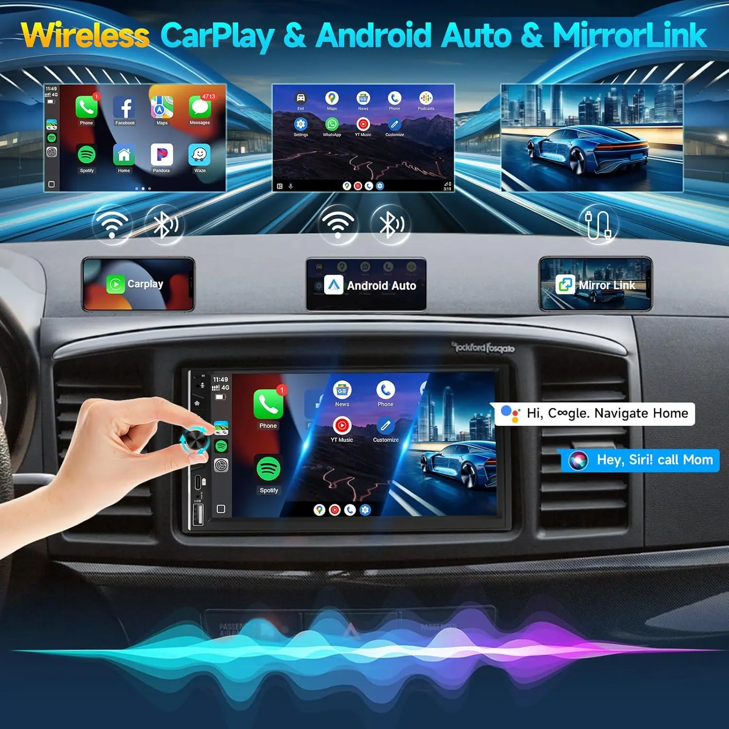 Wireless Double Din Car Stereo with Apple Carplay, 7inch Touchscreen Double Din Radio Car Audio Receivers with Android Auto,