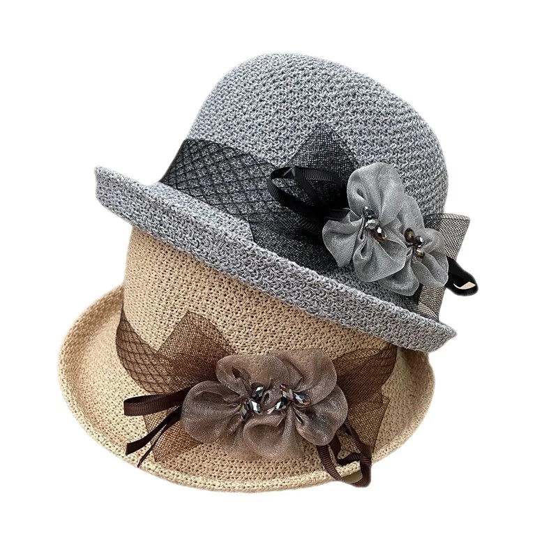 Hat for Women's New Summer Round Top Curled Edge Top Hat Sun Protection BreathabeMiddle-aged and Elderly Mothers Sun Hat Party