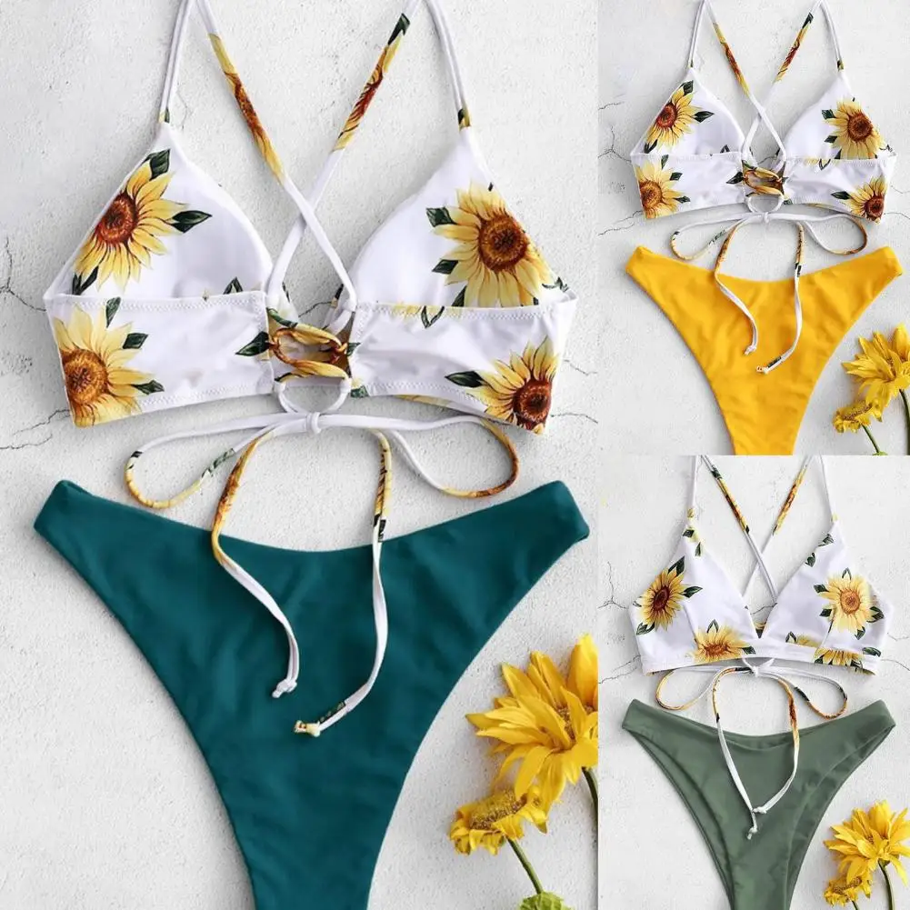 

2Pcs/Set Backless Swimsuit Tie Belt Split Type Sunflower Print Swimwear for Beach