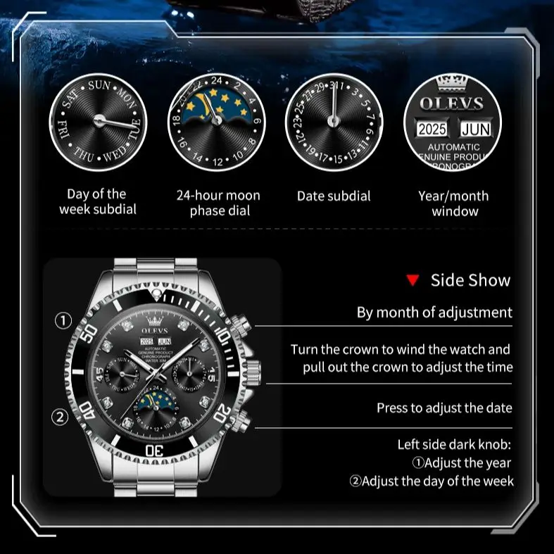 OLEVS 6729 ساعة رجالية فاخرة ماركة أوتوماتيكية ساعة ميكانيكية متعددة الوظائف مرحلة القمر مقاوم للماء ساعة رجالية فستان رياضي
