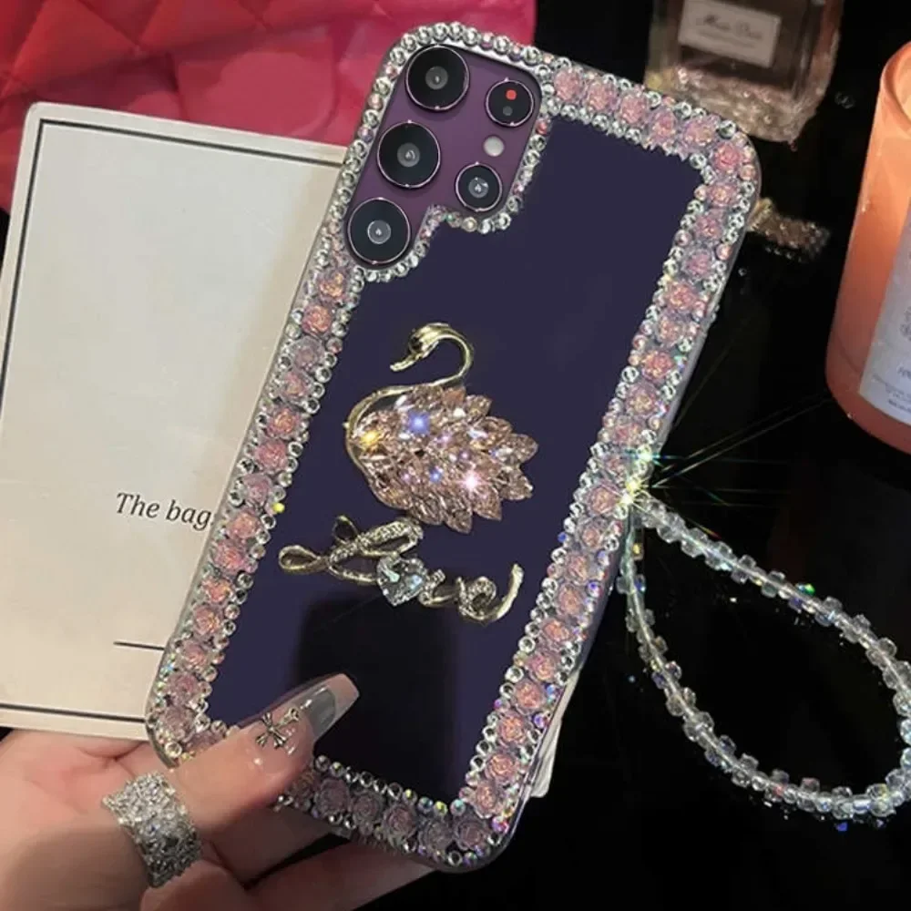 

Crystal Swan Strap Phone Case, 3D Bling Rose, Love, Glitter, For Samsung S23, S22, S21, S20 Plus, Ultra S10, Note 10, 20 Pro