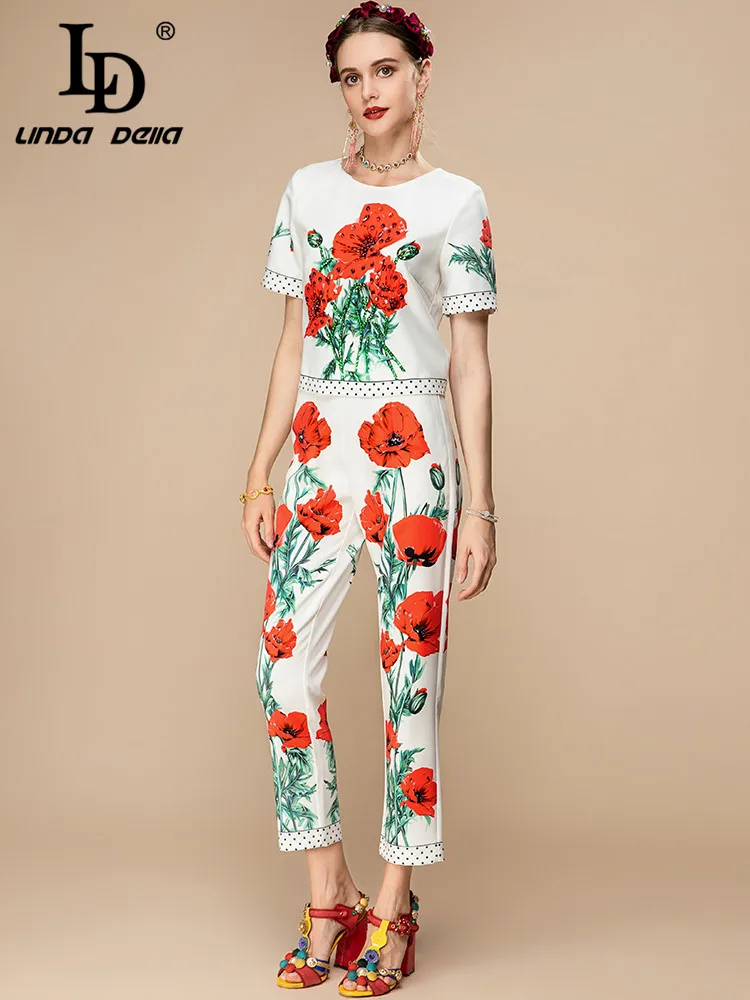 Imagem -03 - Linda Della 2023 Novo Designer de Moda Verão Flor Impressão Elegante Conjunto Feminino Miçangas Manga Curta Topo e Calças Peças Terno ld