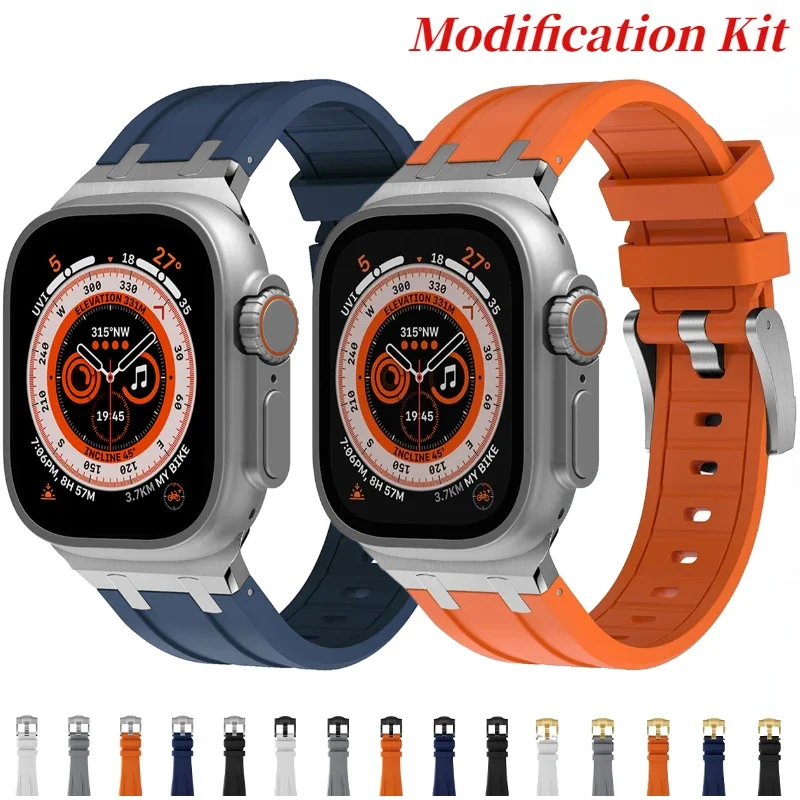 Fluororubber Silicone+Metal Strap For Apple Watch Ultra 49mm 10 9 8 7 45mm 46mm Modification Kit Bracelet iWatch 6 5 4 44mm Band