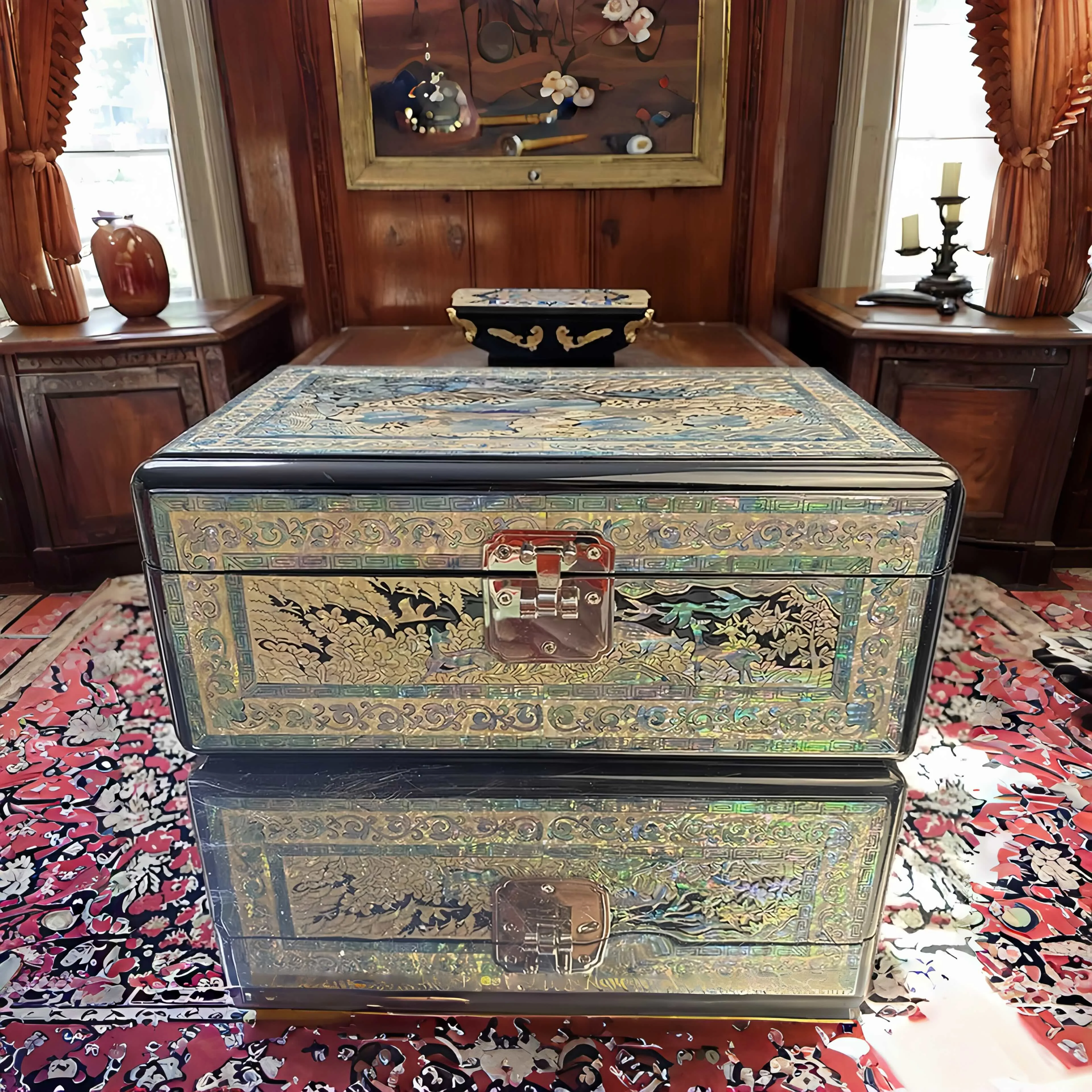 ❁w  Mother of Pearl Jewelry Box Traditional Chinese Craft with Peony Inlay Luxury Organizational Storage for CDs Home Decor o