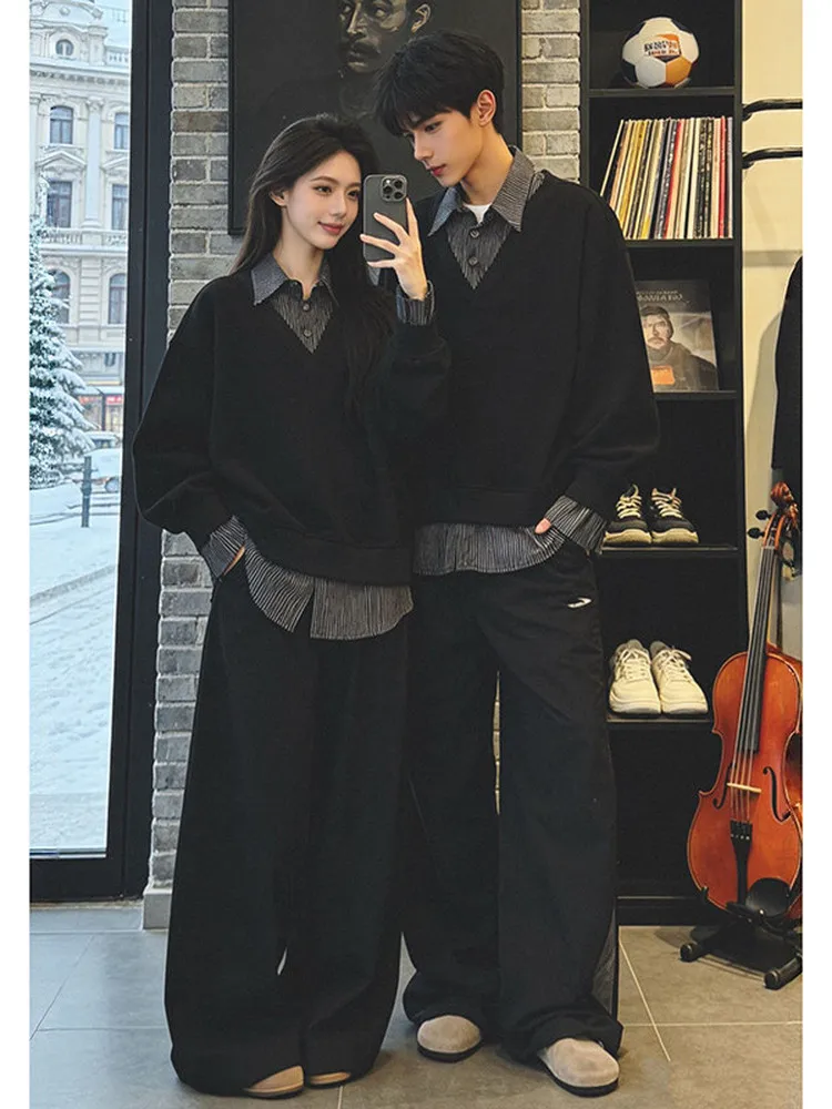 Casual Loose Sweatshirt Patchwork Design Men's Women's Spring Autumn Fashion Urban Style Long Sleeve Button up Upper Apparel