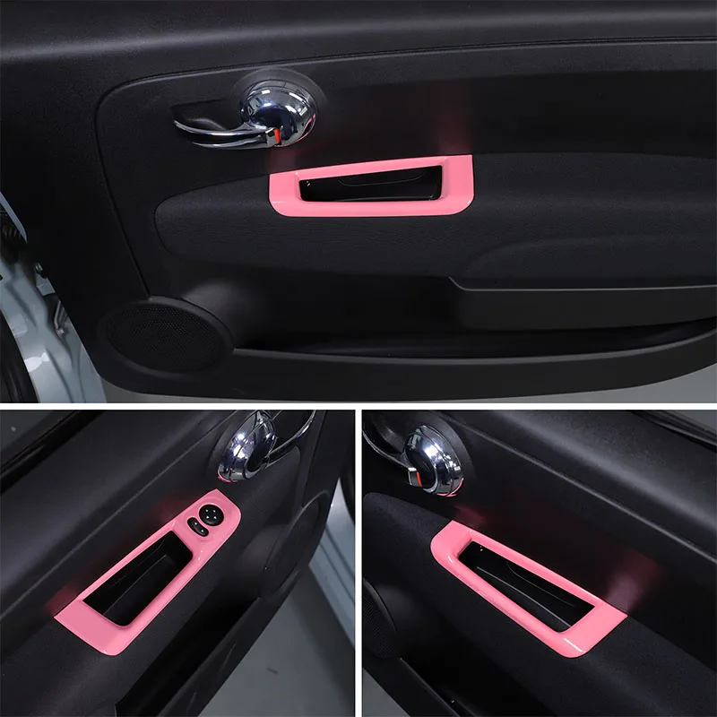 Pink ABS Car Inner Door Armrest Rear View Mirror Adjustment Panel Frame Trim Cover For 2011-2022 Fiat 500 Interior Accessories