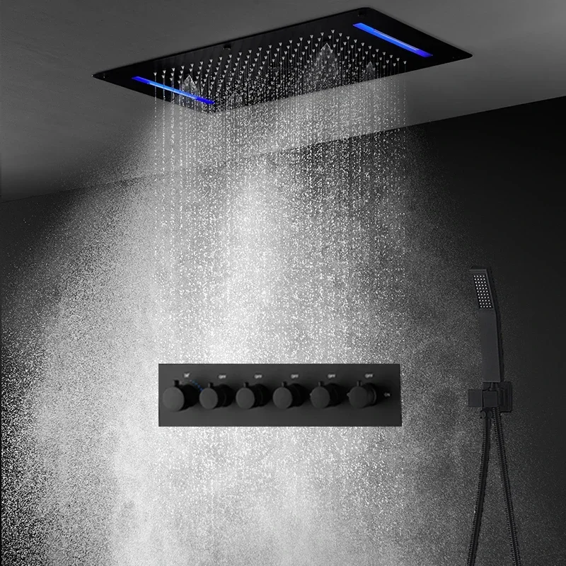 5 Functions Multi Color LED Shower Faucets 380x700mm Large Rain Mist Waterfall Column Shower Panel Thermostatic  Mixer