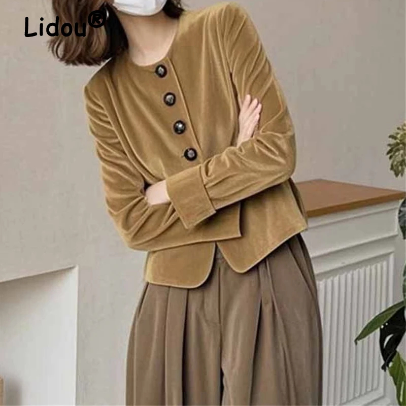 Abbigliamento donna Vintage Velluto dorato Semplice lusso Chic Cappotto monopetto Autunno Moda coreana Solido O Collo Giacca a maniche lunghe