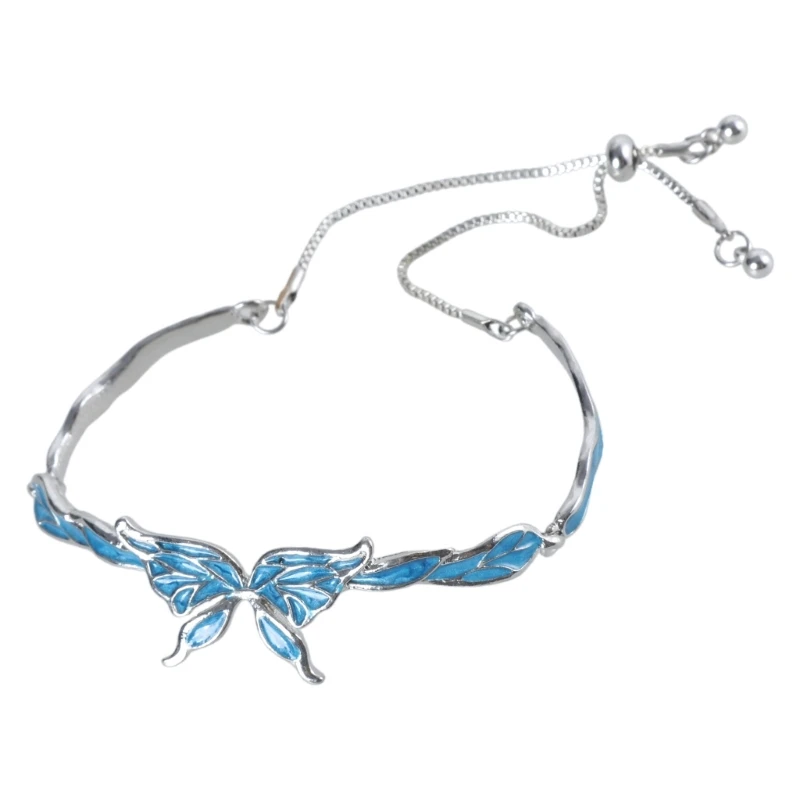 Elegant Blue Butterfly Charm Bracelet Adjustable Length Handchain Colorful Wristchain Alloy Bangle Accessory for Women