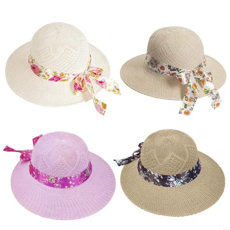 

P88A Breathable Weaving Straw Hat Girl Crochet Beach Hat with Ribbon Hat Band Decors