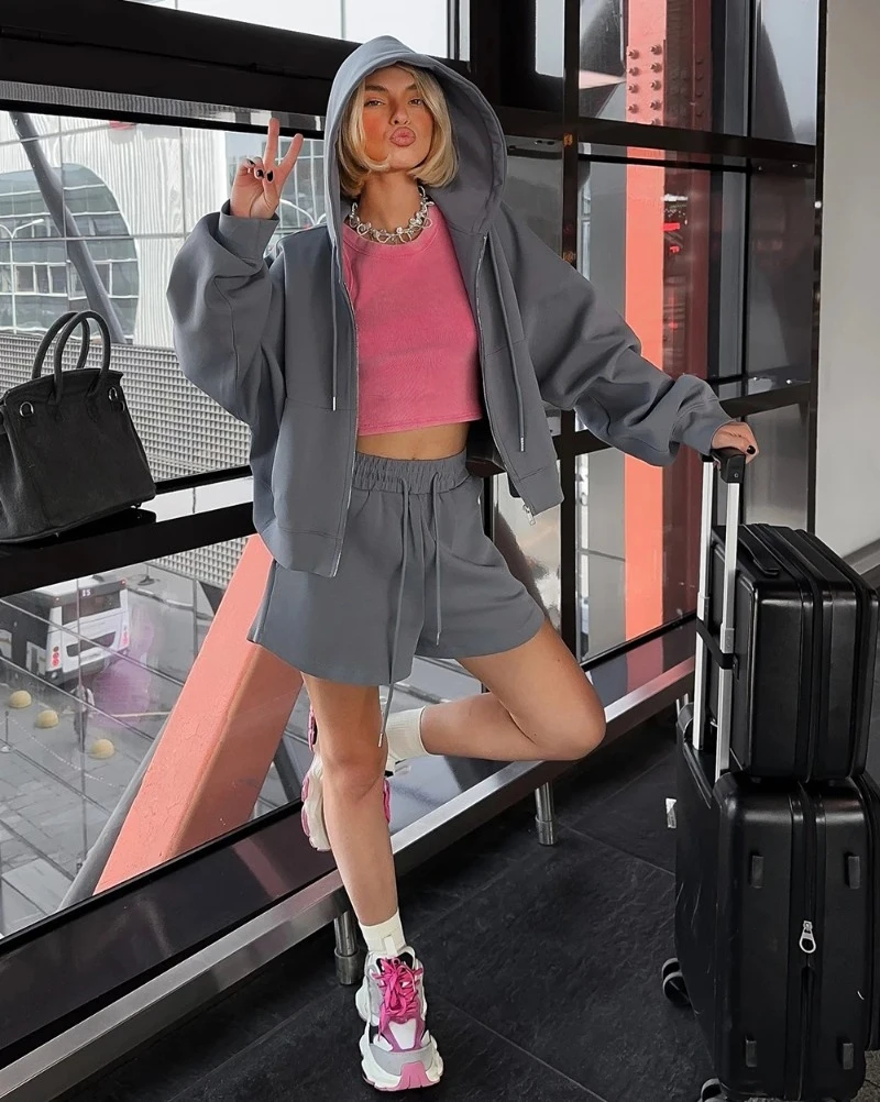 

Spring Women's Summer Suit with Shorts Cotton Oversize Pink Top and Shorts Set Two-piece Casual Tracksuit with Shorts for Women