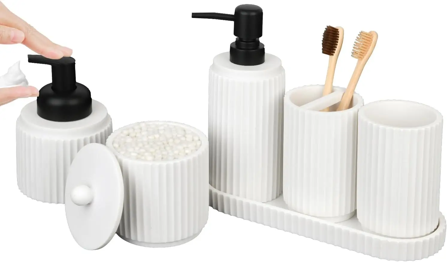 

White Bathroom Accessory Set - 6 Pcs: Toothbrush Holder, Lotion & Foaming Soap Dispensers, Qtip Holder, Vanity Tray, Bathroom Tu