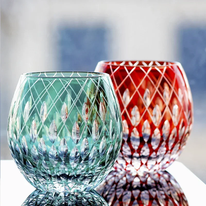 Japanese Style Edo Kiriko Crystal Wine Glass Hand Engraving Kaleidoscope Raindrop Whiskey Tumbler Collection Level Cups Gift Box