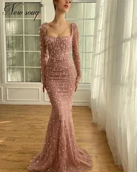 Blush Pink Long Sleeves Evening Dresses Arabic Middle East Beading Crystals Cocktail Prom Dress Elegant Dubai Wedding Party Gown