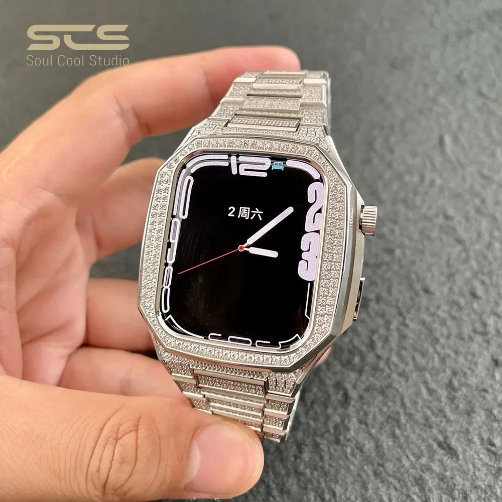 For Apple Watch Series 9 Accessories Luxury Watch Case Suit Diamond 44MM 45mm Stainless Steel Watch Case Iwatch SE S5/6/7/8/9