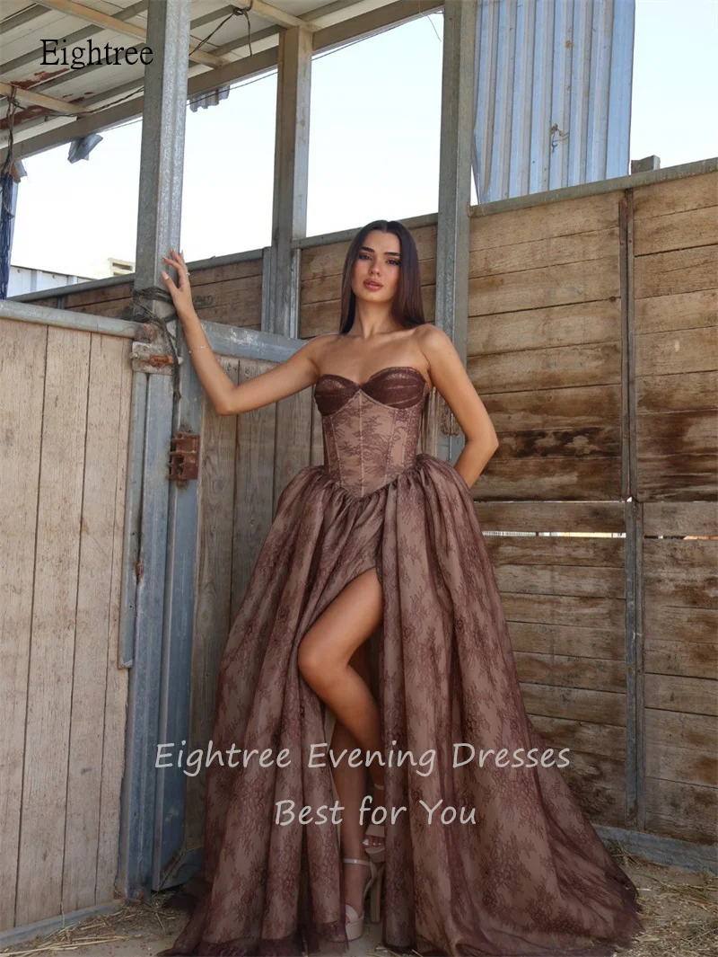 Eightree Brown Lace Sweetheart Neck A Line Evening Dresses Backless Prom Gown Side Slit Floor Length Party Gowns Customized view 2
