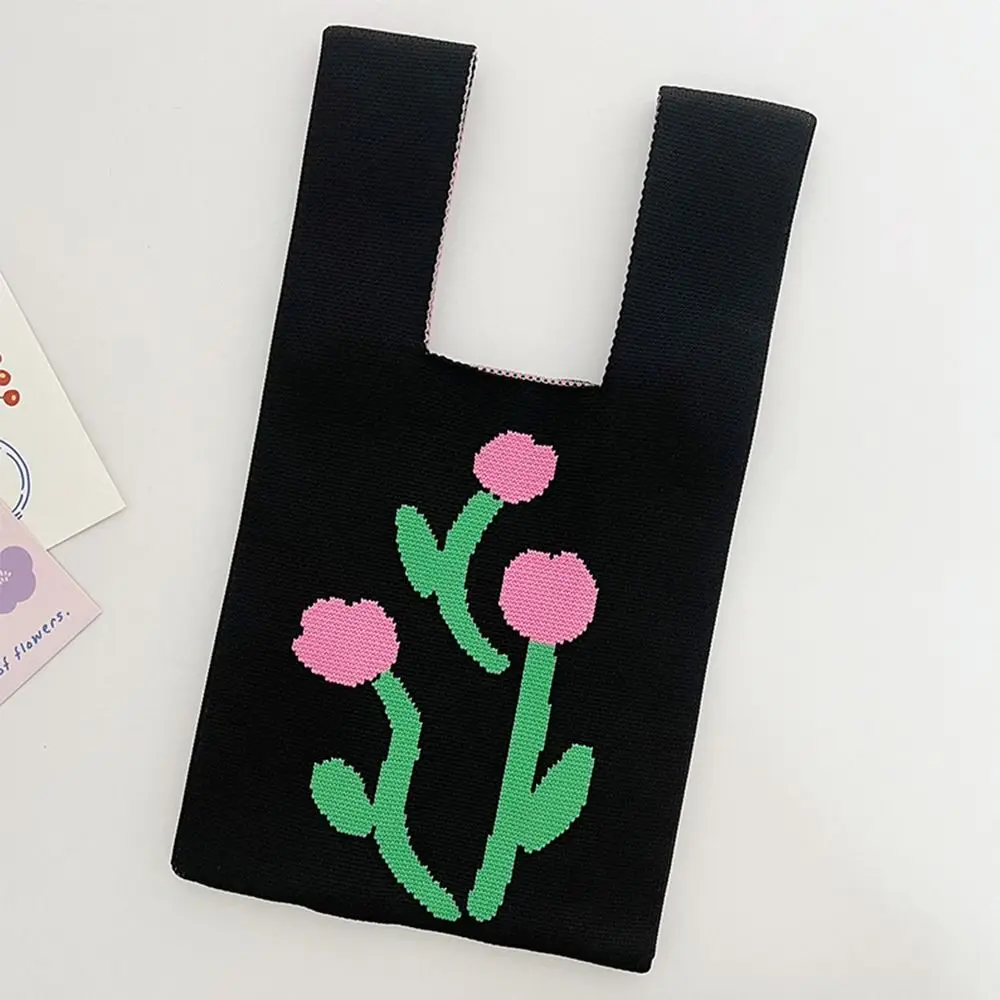 Bolso de mano de estilo étnico de dibujos animados para mujer, bolsa de hombro para cosméticos, almacenamiento de flores, bolso de mano de punto, bolso de muñeca