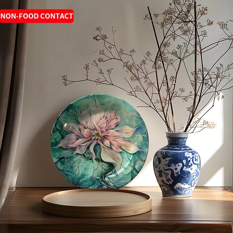 1pc Pink Floral with Green Leaves Ceramic Decorative Plate Round Wall Art Hanging Decor for Living Room Home Decor Non-Food
