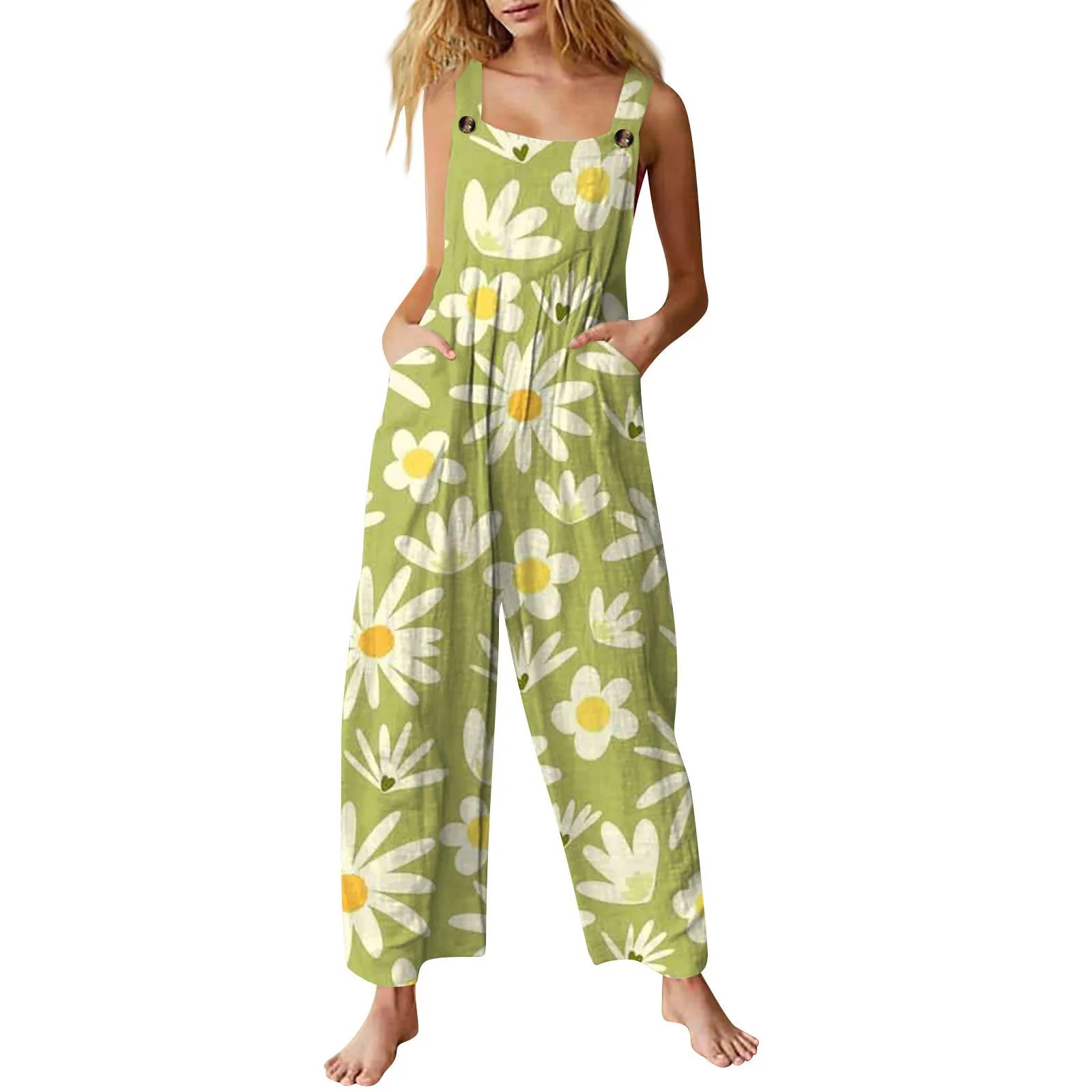 Women Jumpsuit Floral Print Wide Leg Beach Jumpsuit Vintage Temperament Loose-fitting Summer Jumpsuit For Holiday