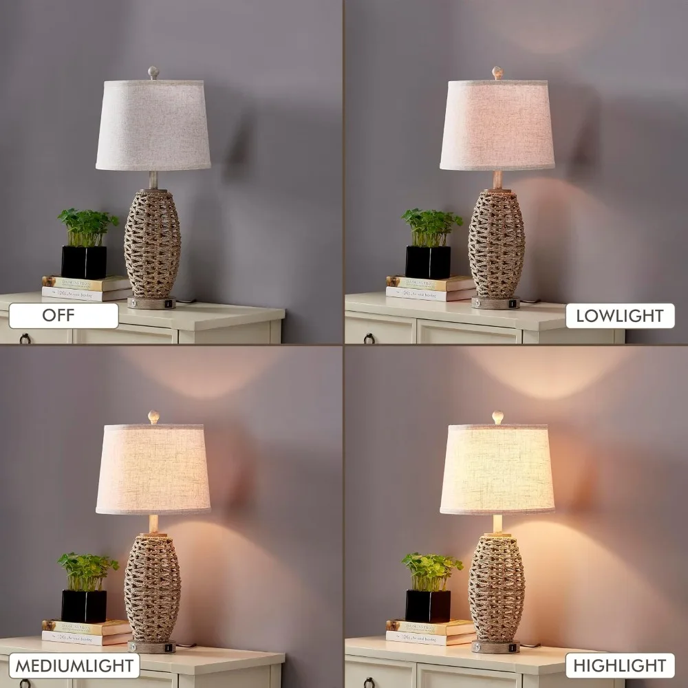 27" Natural Rattan Table Lamp Set of 2, Touch 3-Way Dimmable, USB Charging, Oatmeal Shade view 5