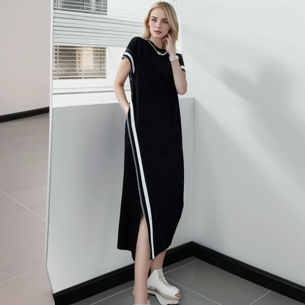 Plus Size 5XL 150KG Summer O Neck Short Sleeve Striped Dress Women Long Black Dress Female Loose Split Dresses