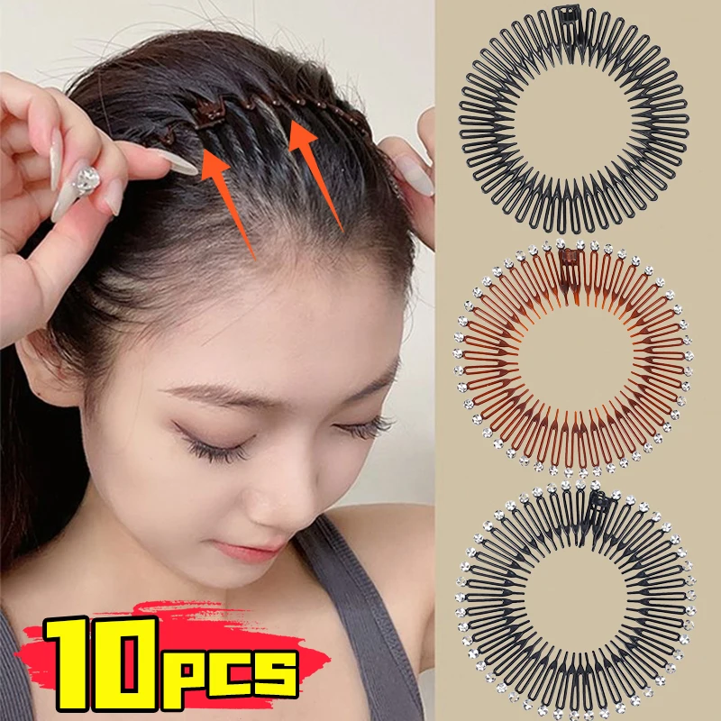 10pcs Rhinestone Plastic Full Circle Stretch Diamond Flexible Comb Women Girls Flexible Plastic Circle Teeth Hair Accessories