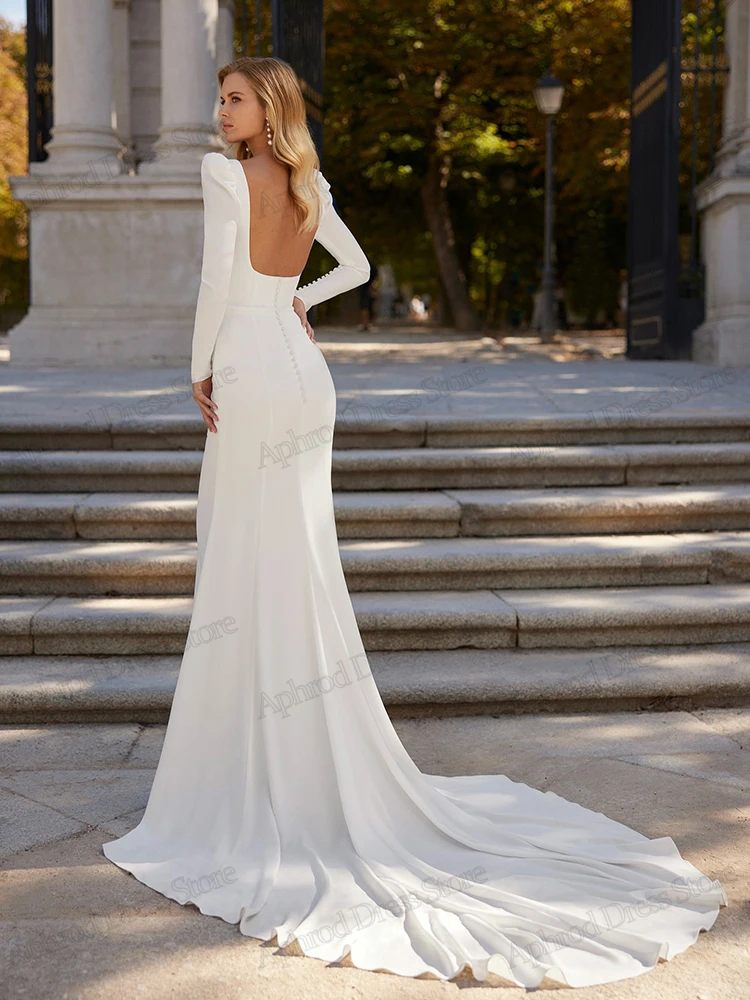 Bescheidene Brautkleider aus Satin, volle Ärmel, Roben, quadratischer Kragen, bodenlang, glamourös, Vestidos de Novia, individuell gestaltet