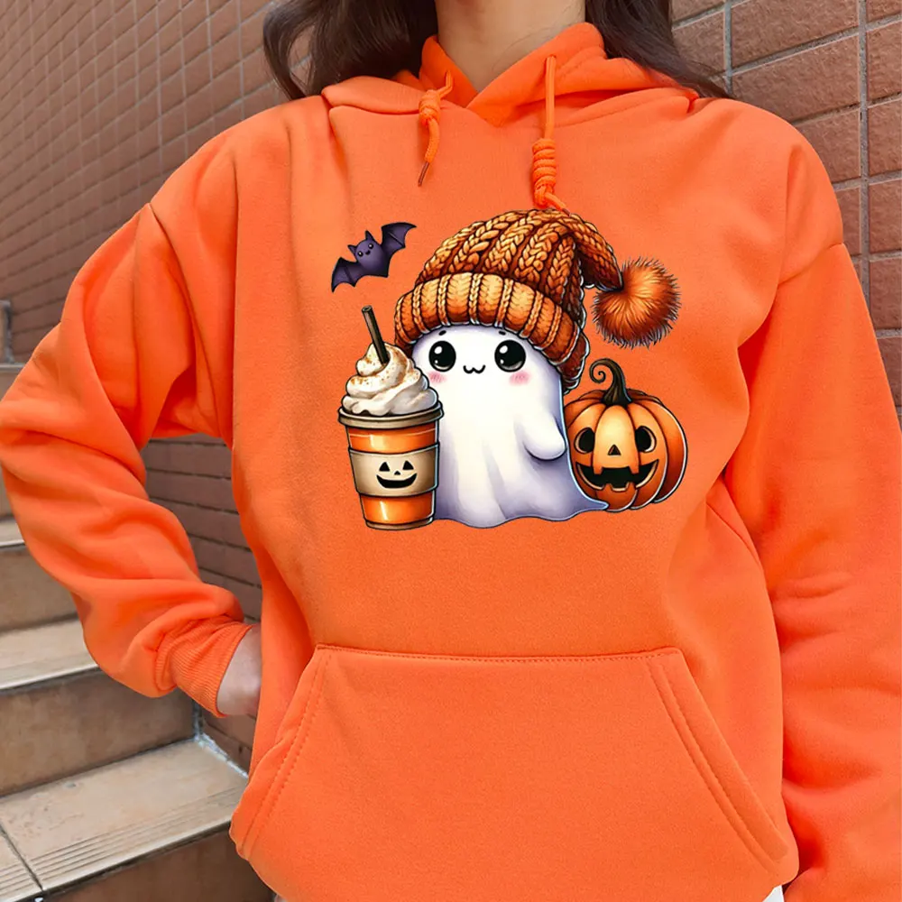 Halloween Orange Hoodies Kawaii Ghost Halloween Ladies Long Sleeve Sweatshirt Cute Halloween Bat Print Autumn and Winter Hoodie