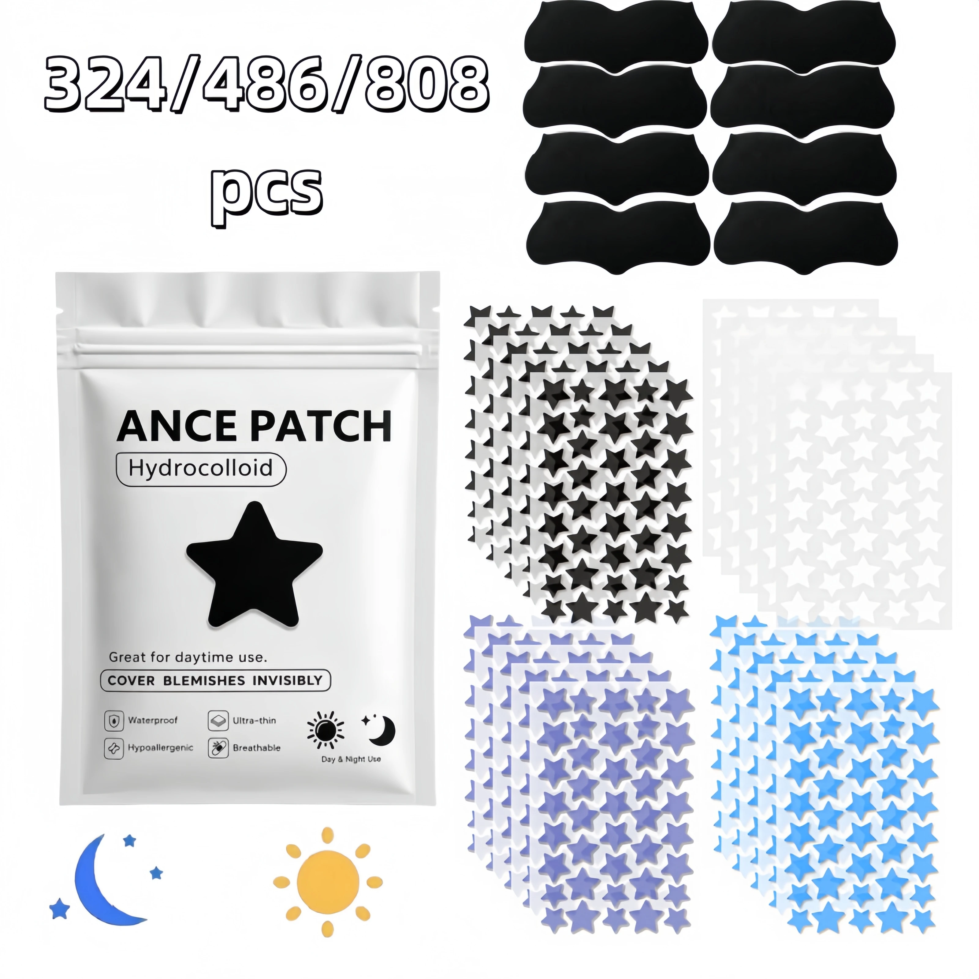 324/486/808PCS 2-in-1 Acne Patch and Nose Strip Kit, Black White Blue Purple Star Face Stickers