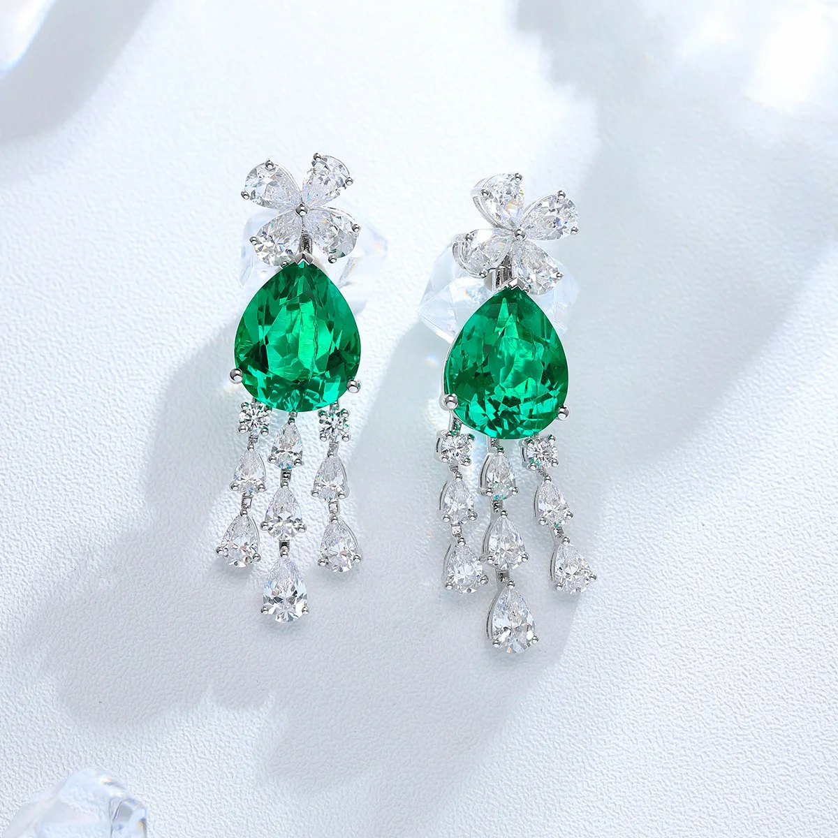 Lab-Grown Colombian Emerald Fringe Earrings, 925 Silver Teardrop Luxury Ear Jewelry for Banquet Gift