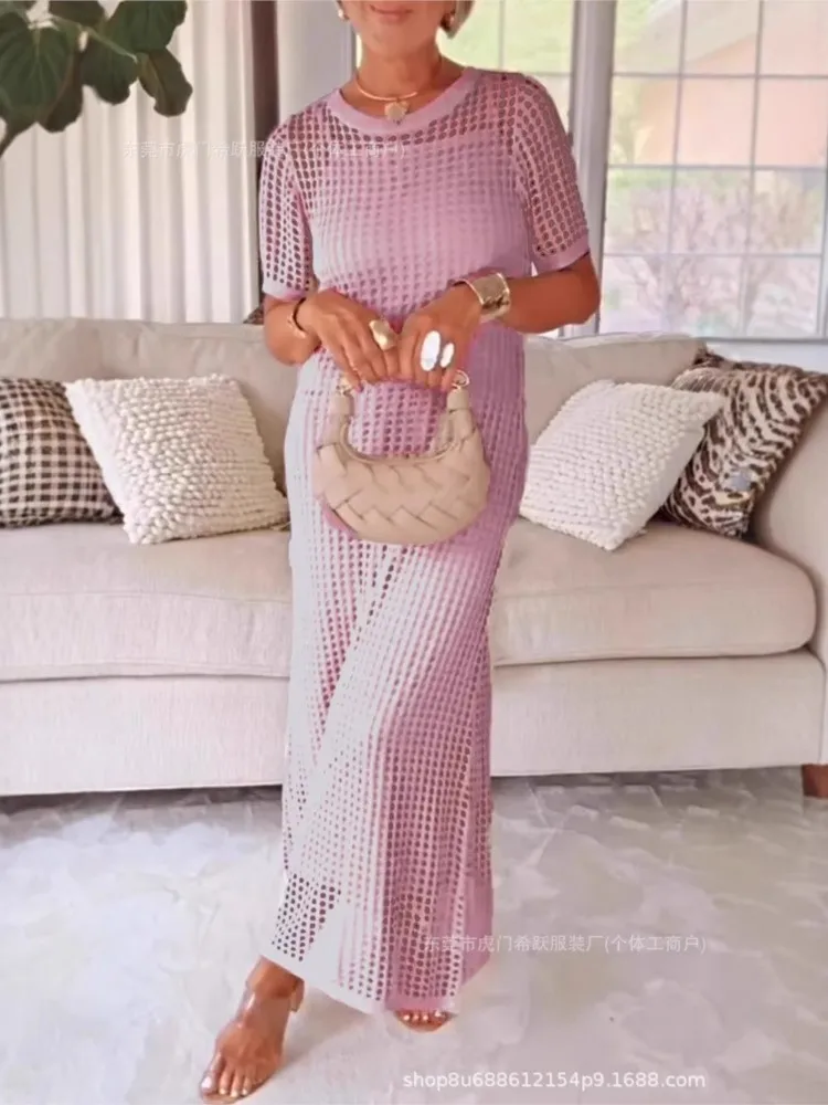 Solid Hollow Out Dress For Women Fashion Short Sleeve O Neck Loose Dresses Robe Femme Casual Holiday Boho Vestidos Clothes New