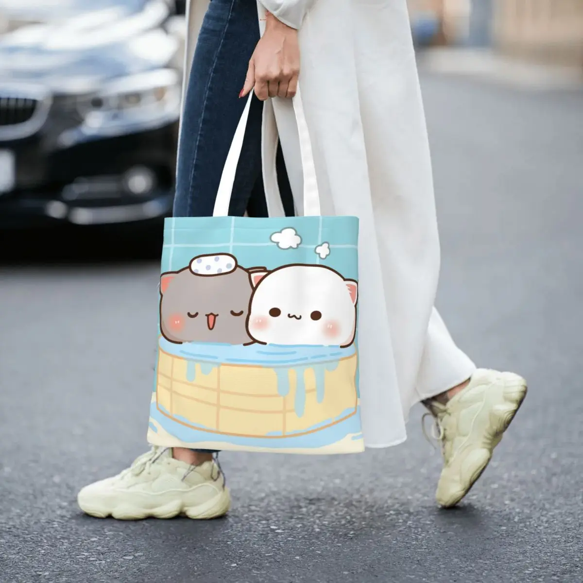 Unisex Peach And Goma Mochi Bathing Tote Bags Canvas Cat Shopping Bag for Child Handbags