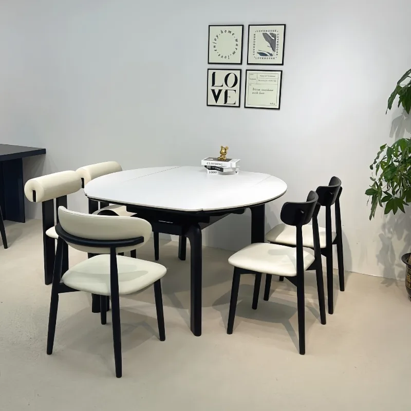 Telescopic rock slab dining table round light luxury modern simple square and round dual-purpose rotating folding wabi sandy