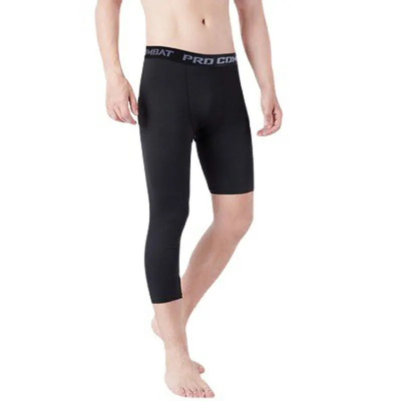 Mens gym taining calças de perna única calças de comprimento 3/4 compressão jogging de cinco pontos preto branco esportes meia-calça