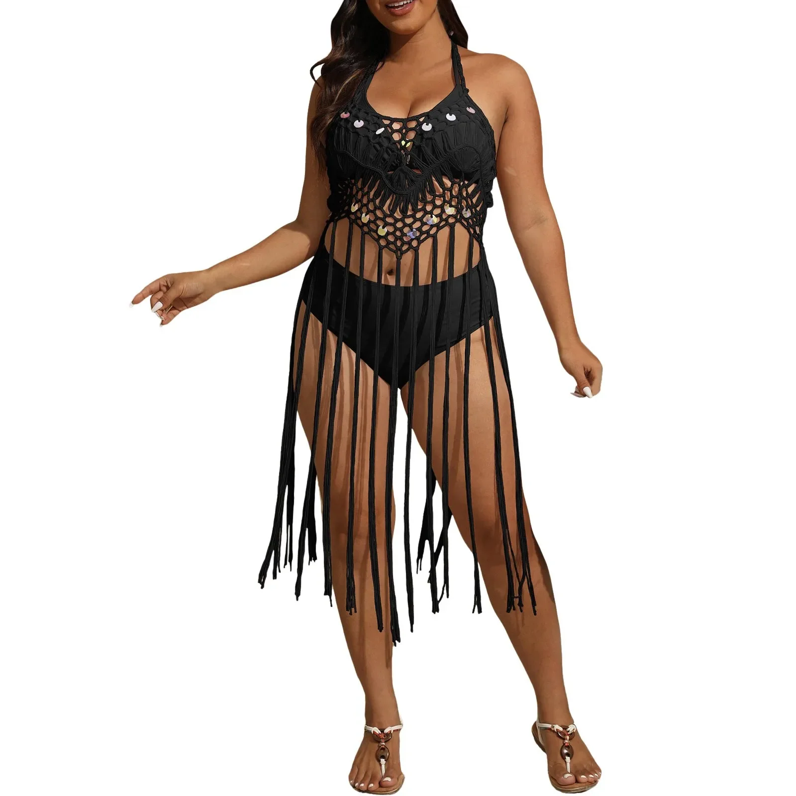Women'S Oversive Cover Up Swimsuit Fringe Tassel Knitted Crochet High Split Pure Color Halter Swimwear Elegant Woman Dress