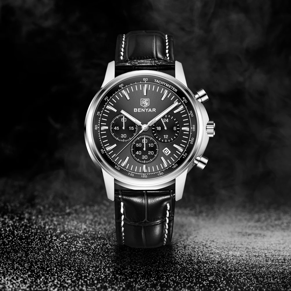2025 Nuovi orologi da uomo BENYAR Orologi da polso al quarzo di lusso superiore Orologio cronografo sportivo per regali uomo Pelle luminosa impermeabile