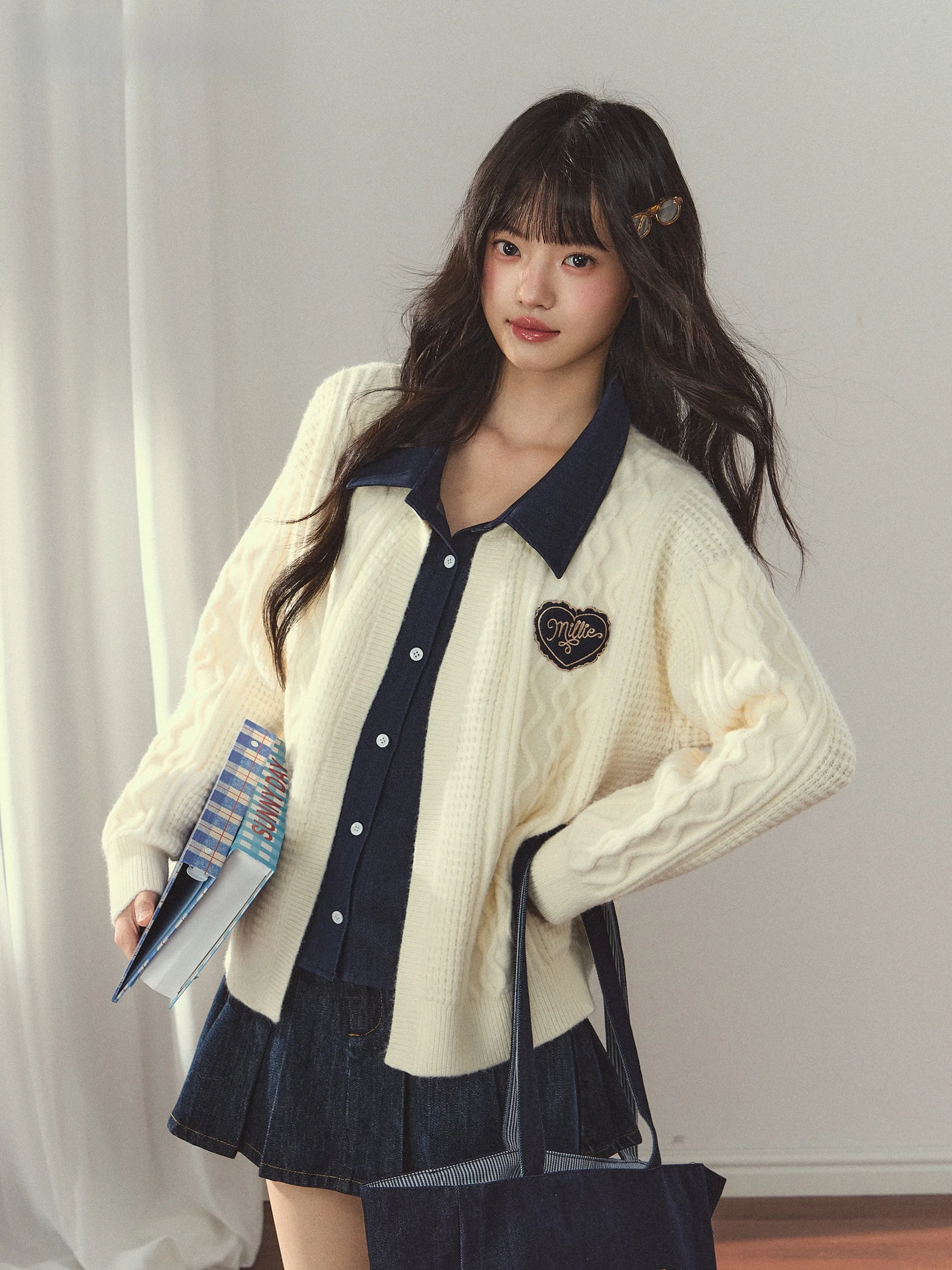 

Umoumo Retro Sle Knitted Open Cardigan Denim Patchwork Knitwear Turn-down Collar Twist Flower Design Long Sve Sweater
