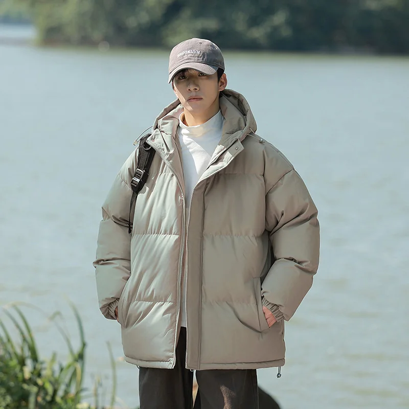 Jaket Puffer Musim Dingin Baru 2025 Unisex Berkerudung Tebal Anti Angin Warna Solid Serbaguna Parka Hangat