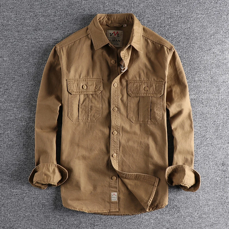 Autumn New Japanese Retro Long-Sleeve Lapel Woven Cargo Shirt Men's Simple 100% Cotton Washed Double Pocket Casual Youth Blouses