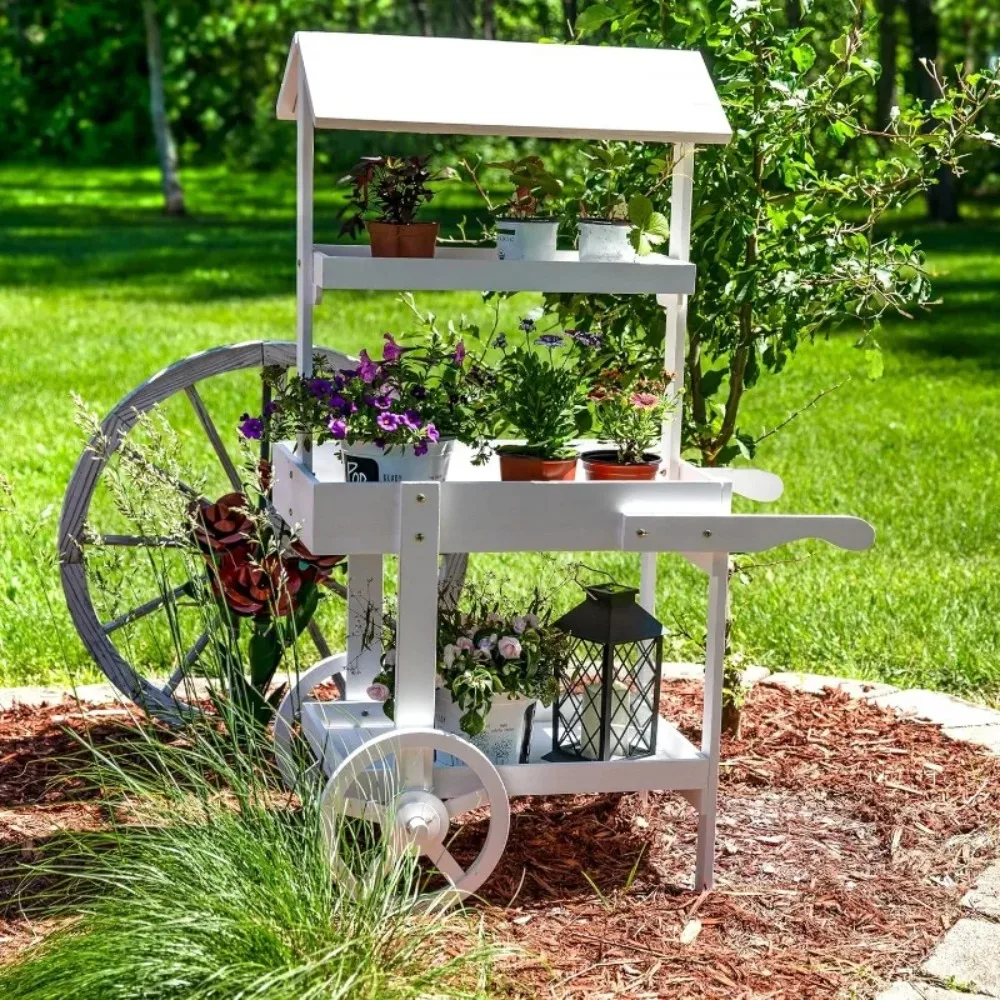أدوات خارجية - حامل عرض عربة الزهور في سوق الريف مع عجلات ورفين من خشب التنوب بسعة وزن 30 رطلًا باللون الأبيض #5