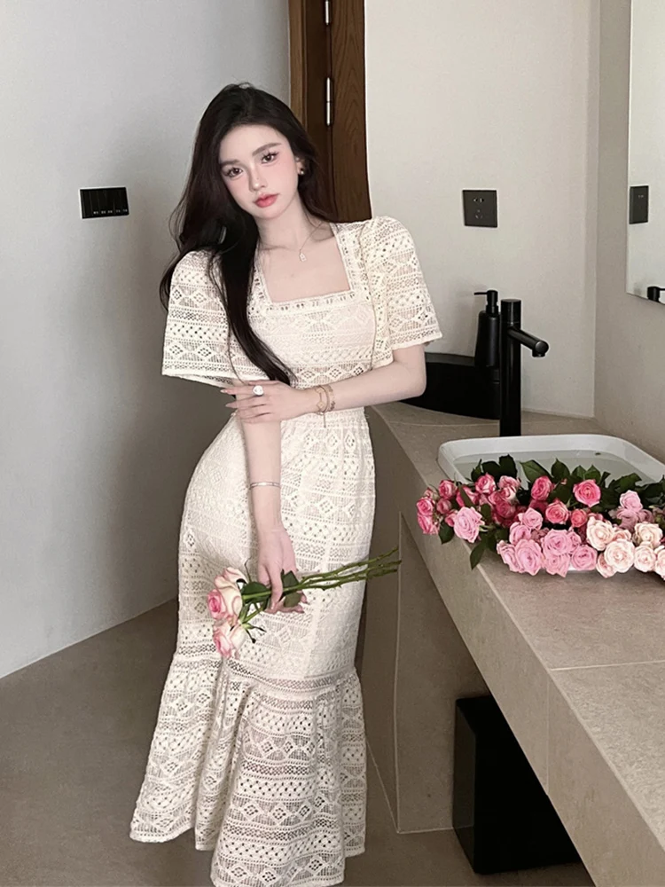 

Элегантное летнее женское платье-русалка с квадратным вырезом, подчеркивающее талию, в корейском стиле, премиум-класса