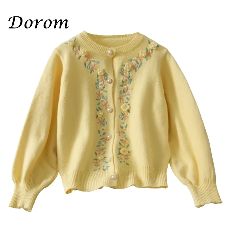 Cardigan Vintage con ricamo floreale donna coreano Casual o-collo bottone di perle maglione lavorato a maglia cappotto autunno maglioni larghi