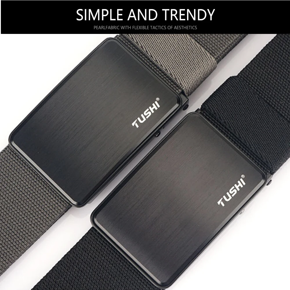 TUSHI Fashion Men\'s Canvas Belt Trend Casual All-Match Jeans 3.8cm Elastic Alloy Smooth Buckle Tactical Elastic Nylon Waistband