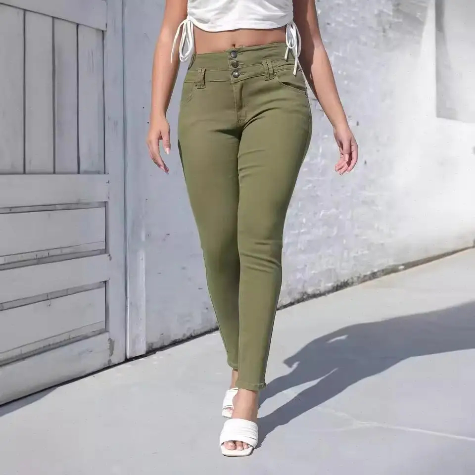 Denim Pencil Pants Women Jeans Stretch High Waist Washed Buttons Vintage Skinny Ankle Length Trousers Female 2025 Streetwear
