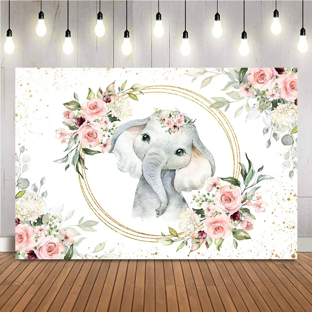 

Elephant Baby Shower Backdrop Pink Flowers Floral Photo Background Newborn Girls Birthday Party Decoration Supplies Banner Props