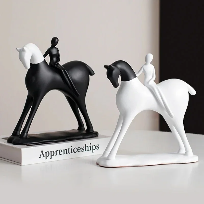 Resin Jockey Decoration Black/White Nordic Ins Horsewoman Sculpture Art Horse Figurines Decor Hourse and Girl Abstract Ornaments