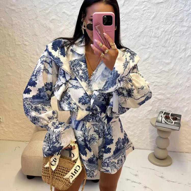 

Fmxires Women's Printed Fashion Casual Suit Ruffled Flare Sleeve Top Shorts Two Piece Sets Loose Autumn New Female Commuting