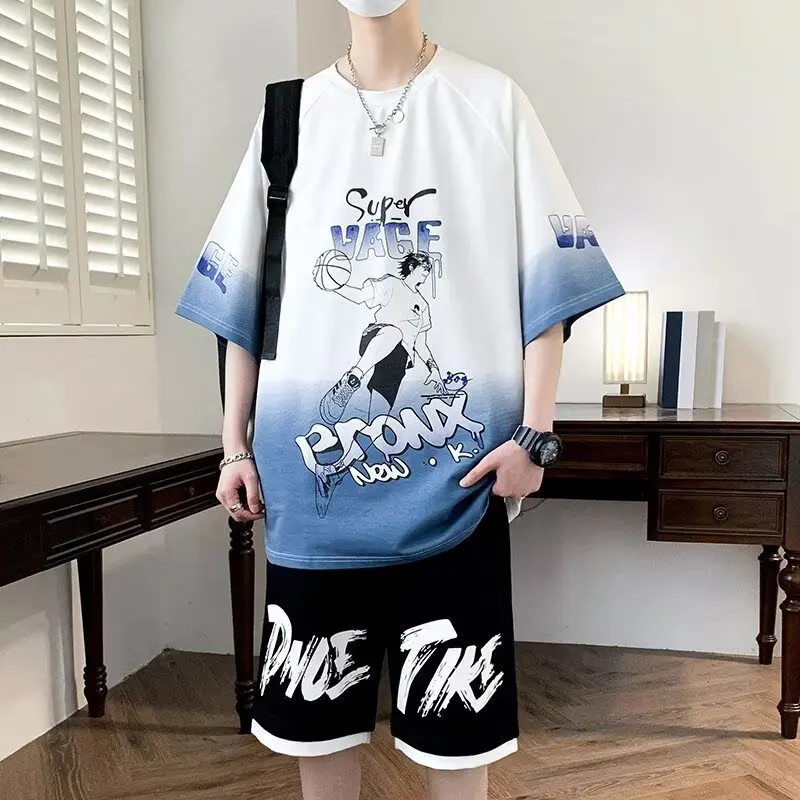 2025 Men's Oversized Sets Basketball Tracksuits High Street Youth T-shirt Shorts 2 Piece Set Men Trendy Top Designer Clothes