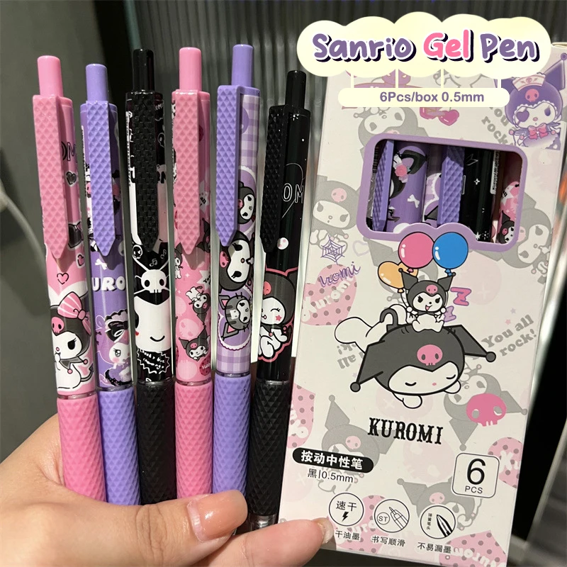 Sanrio-bolígrafos de Gel Kawaii para oficina, bonitos bolígrafos Kuromi Hello Kitty Melody de 0,5mm, prensa de tinta negra, bolígrafo a base de agua, bolígrafo de firma, 6 unids/lote por caja